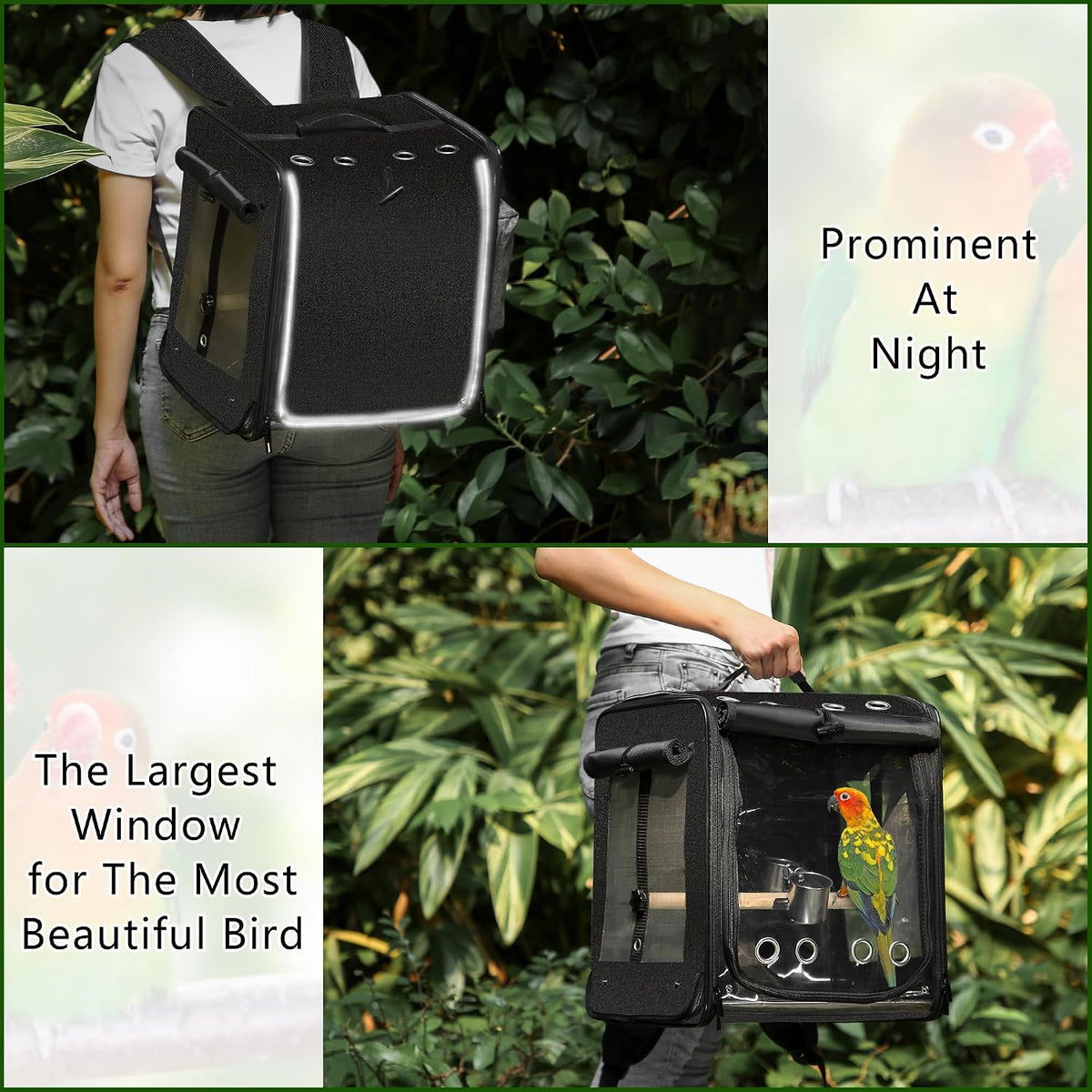 Bird Carrier with Seat Belt for Car Travel, Bird Backpack Carrier with Indestructible Stainless Steel Mesh, Large Bird Carrier Travel Cage, Black