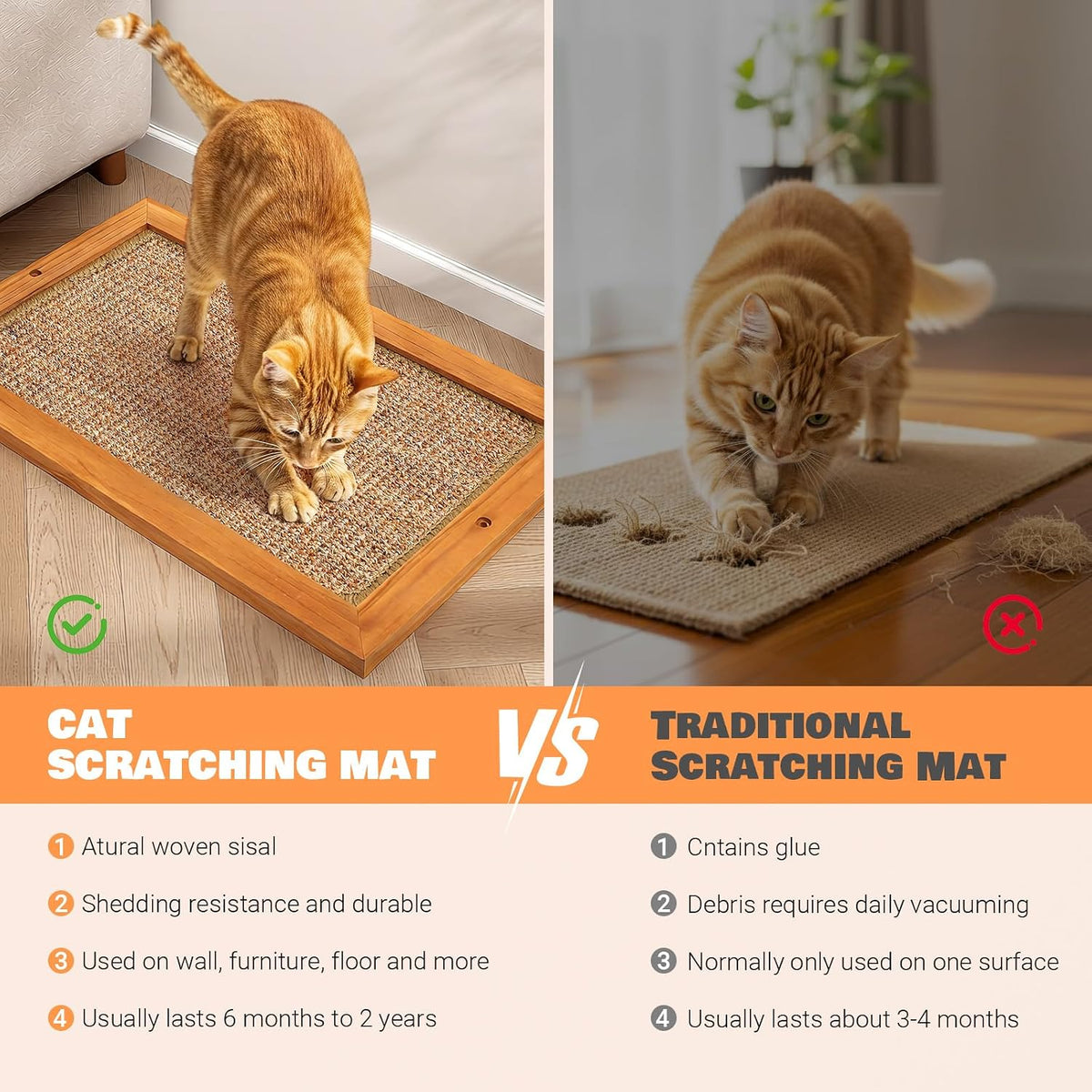 Wall Mounted Cat Scratching Post, Wooden Sisal Scratcher for Indoor Cats, L