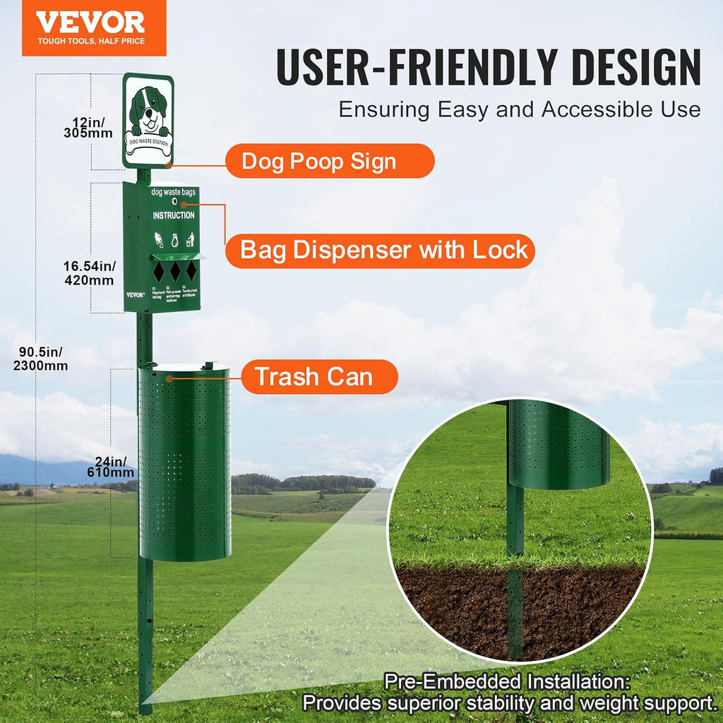 VEVOR Dog Waste Station, Rust-Proof Pet Poop Station with Bags, Can Liners