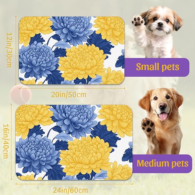 Blue Yellow Flowers Pet Feeding Mat, Quick Dry Absorbent Water Bowl Mat - Image 2