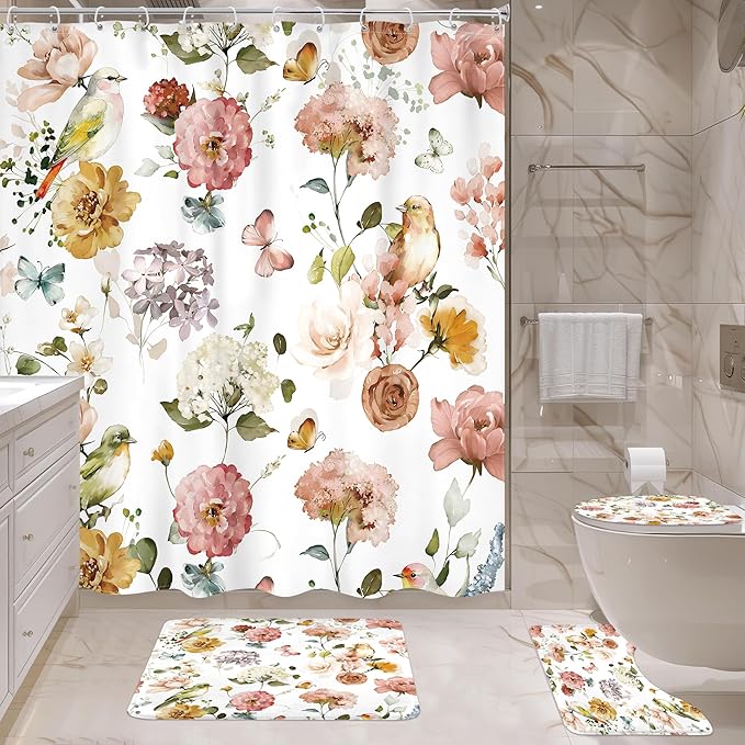 4 PCS Spring Floral Birds Bathroom Set - Image 4