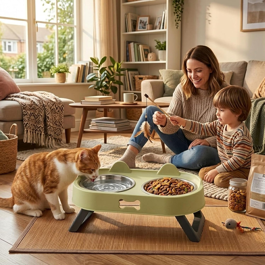 Elevated Cat Bowls with Foldable Stand, Anti Vomiting Raised Cat Food and Water Bowl Set, 2 Stainless Steel Dishes for Cats and Puppies, Splash Proof Non-Slip Neck Protection Pet Feeder (Green)