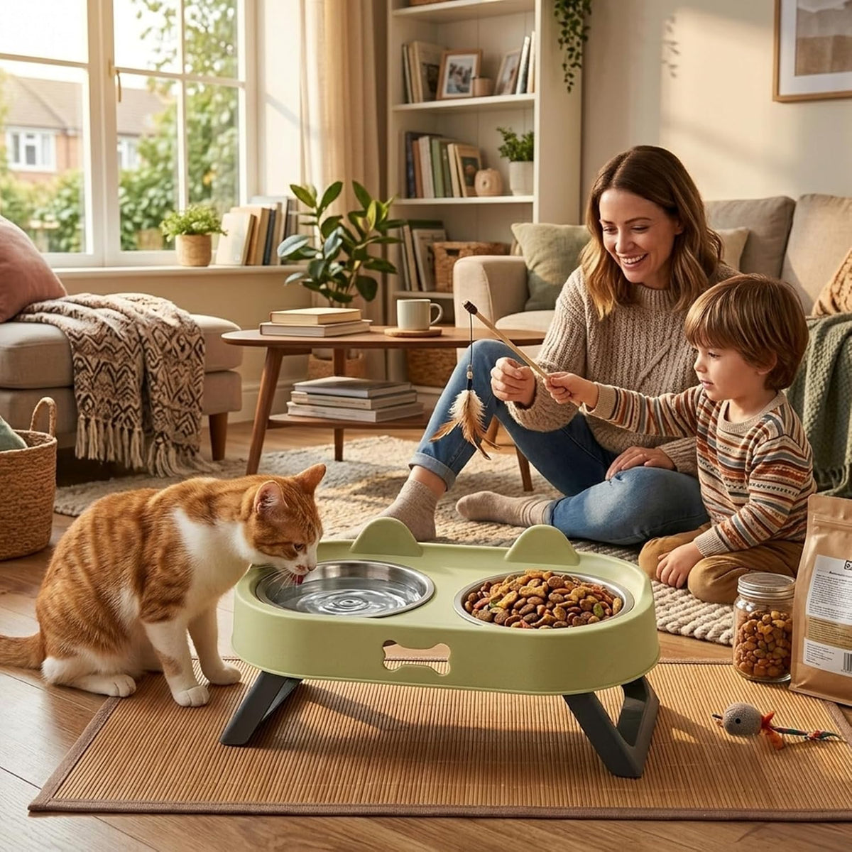 Elevated Cat Bowls with Foldable Stand, Anti Vomiting Raised Cat Food and Water Bowl Set, 2 Stainless Steel Dishes for Cats and Puppies, Splash Proof Non-Slip Neck Protection Pet Feeder (Green)