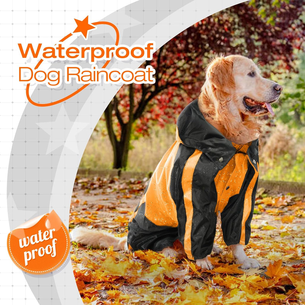 Dog Raincoat, 4 Leg Waterproof Dog Rain Jacket with Hood, Orange M