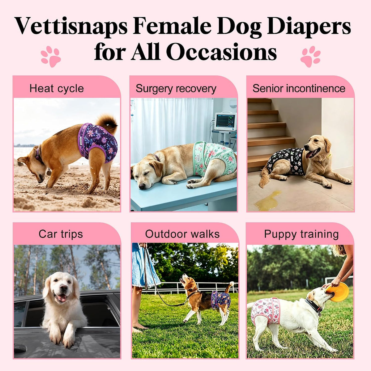 Dog Diapers Female 5 Pack - High Absorbent Diaper for Dog Incontinence - Reusable Diapers with Adjustable Hook & Loop for Doggie & Puppy in Heat,Pink Flowers L