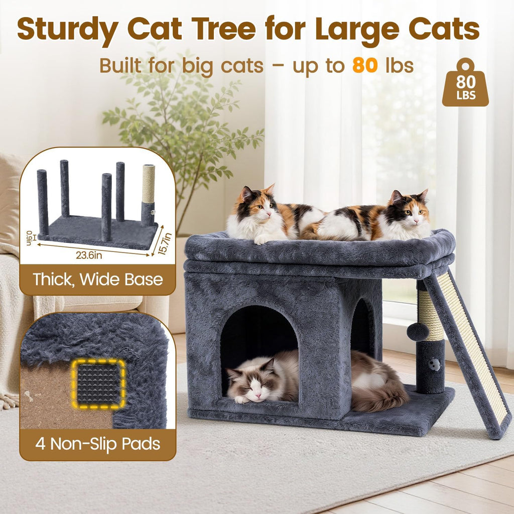 Cat Tree Tower with Scratching Post for Large Kitty, Dark Grey