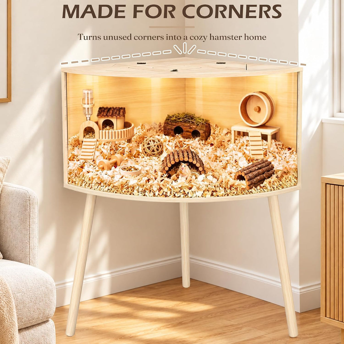PROLEE Corner Hamster Cage with Leg,Large Hamster Encloure Chew Proof Wood,Clear View Hamster Habitat for Guinea Pig, Ferret, Rat, Hedgehog,Oak