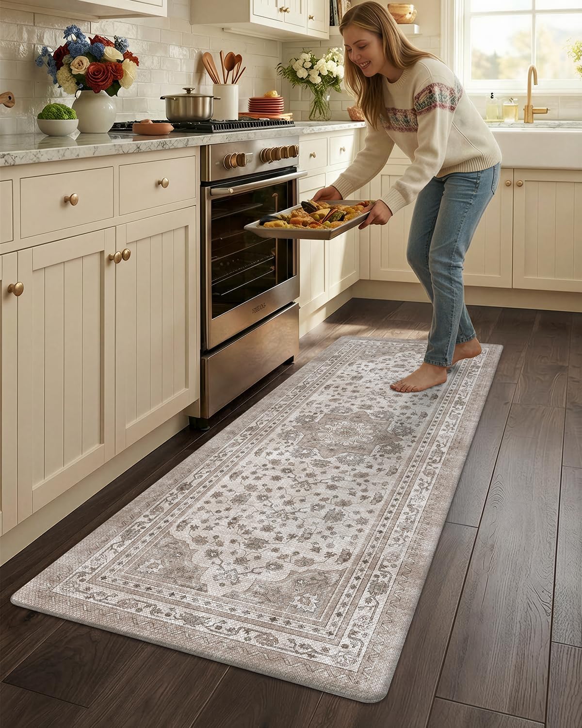 Color&Geometry Kitchen Floor Mat 24x59 Faded Vintage Anti Fatigue, Beige