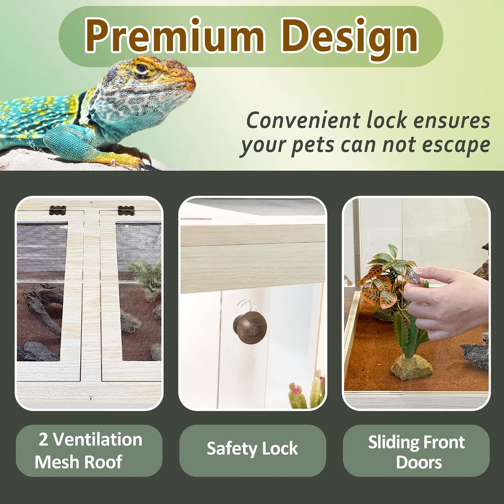 PROLEE Reptile Enclosure with Leg, 82 Gallons Bearded Dragon Tank, Tempered Glass Lizard Tank with Metal Mesh Tops and Lockable Door, Spacious Reptile Habitat for Snake,Lizard (Oak)