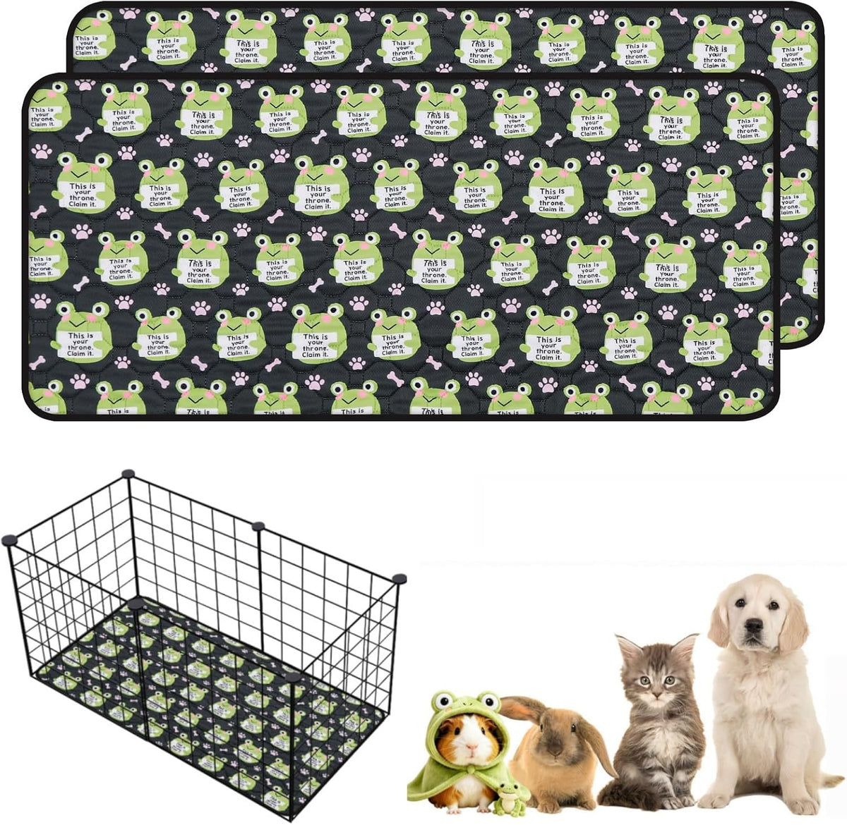 2PCS Guinea Pig Cage Liners,12"x24"Reusable Washable Fast Absorbent Odor Resistant Anti-Slip Training Pee Pads, Funny Frog Pattern,Options for Guinea Pigs, Rabbits, Hamsters, Rats, Chinchillas