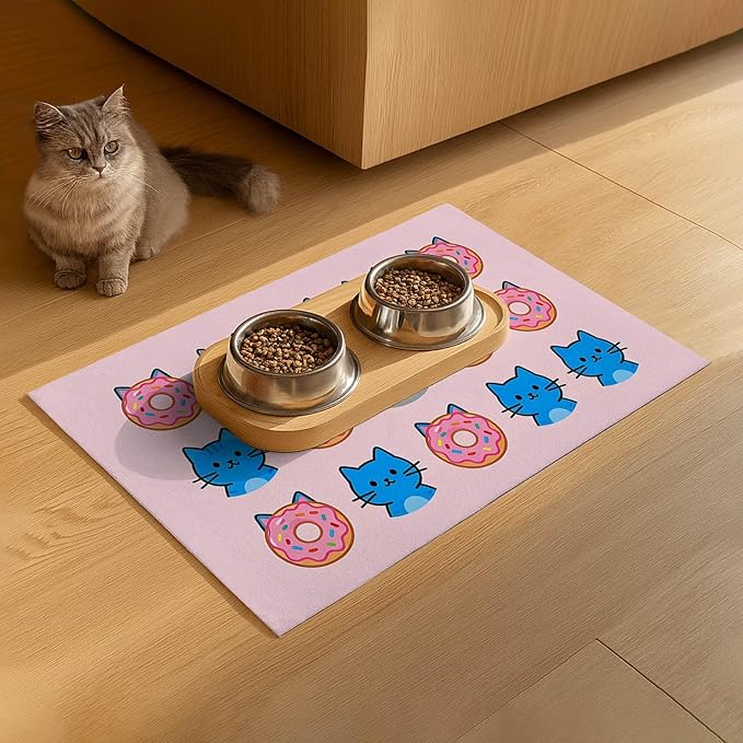 Cat Feeding Mat 24x16 inch Donut Cat Print Pet Bowl Placemat Non Slip Floor Mat - Image 9