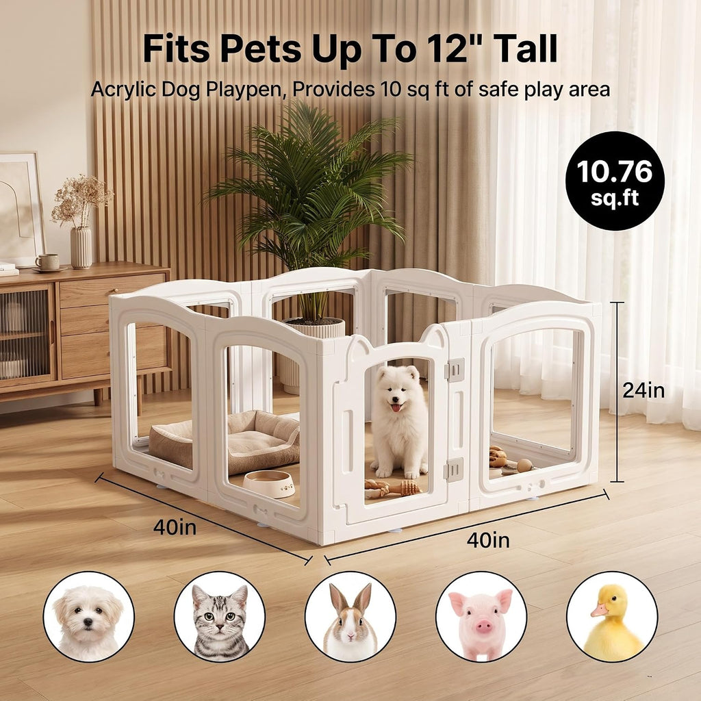 Clear Acrylic Dog Playpen Indoor, 24" H 8 Panel Dog Fence with Door, White
