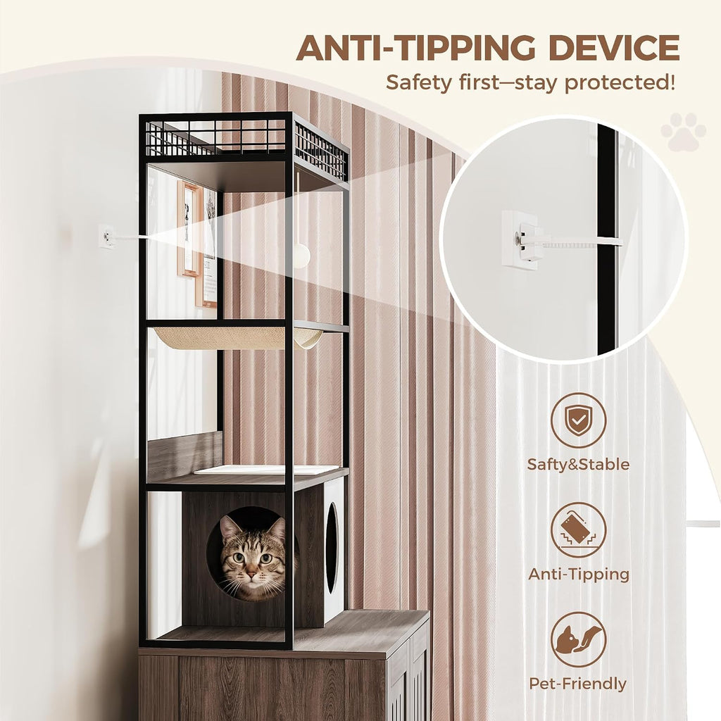 Hidden Cat Litter Box Enclosure Furniture with Storage Rack and Hammock