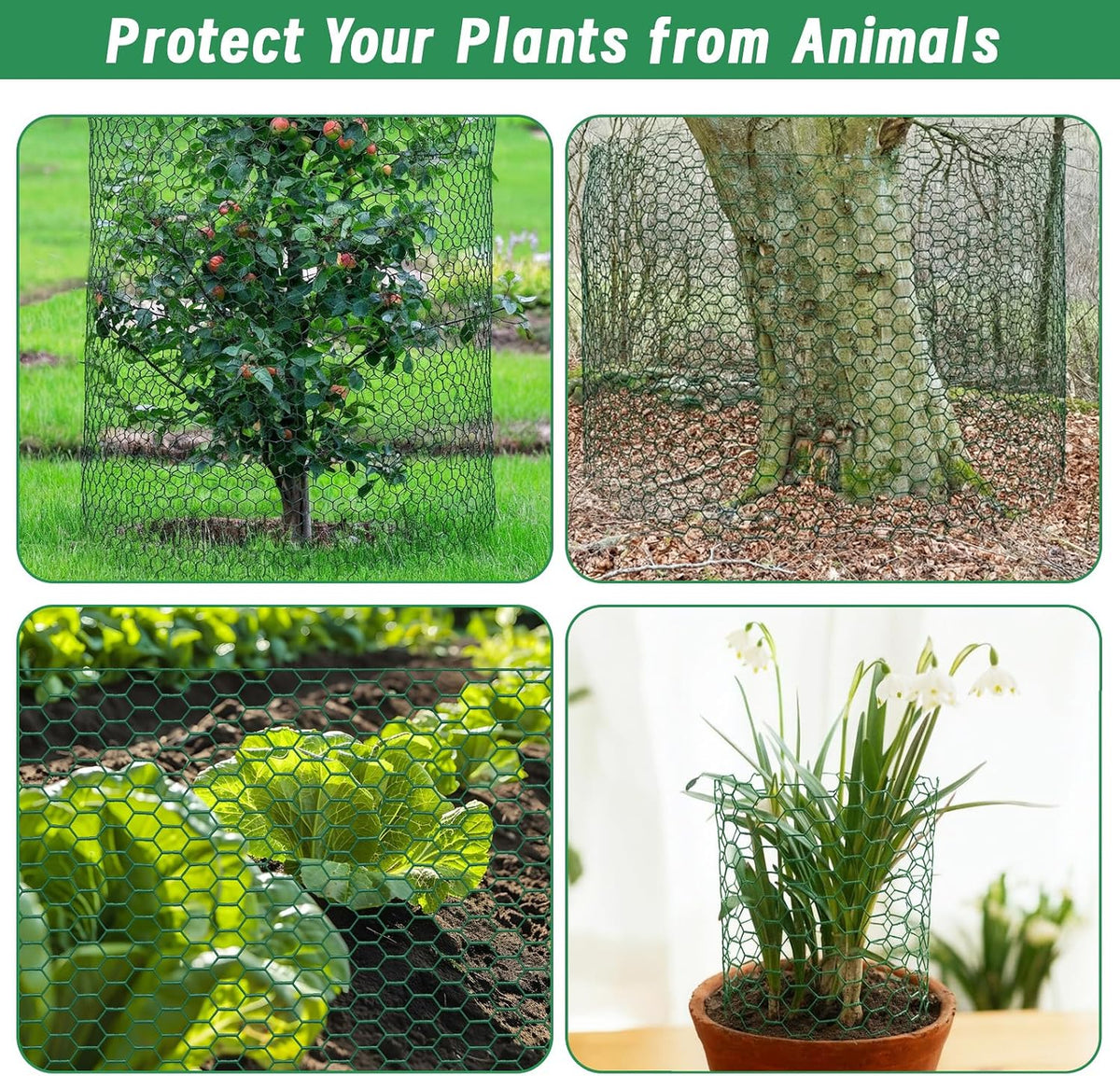 Convivium Plant Protectors from Animals, 0.8mm Free-Cut Green Chicken Wire Mesh, PVC Coated Tree Trunk Guard & Garden Fence for Outdoor Plants with Zip Ties, Stakes, Pliers, Gloves（16.4Ft*16In）