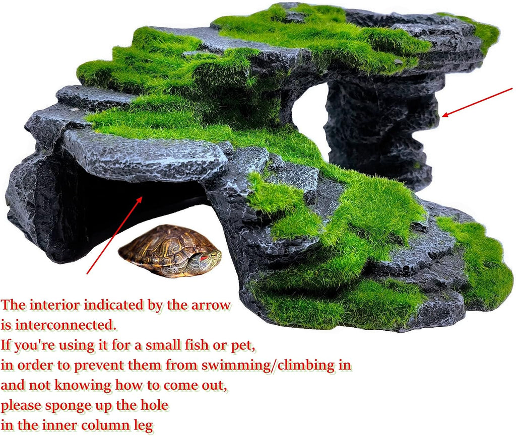 M2cbridge Reptile Hide Resting Step Ledge Cave Hideout Turtle Basking Platform – Great for Reptiles, Amphibians, and Fish (Moss Step Ledge B)