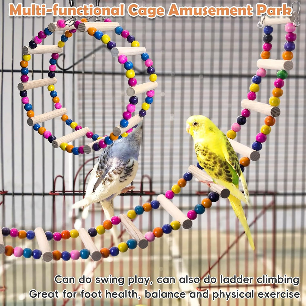 PINVNBY 2 PCS Extra Large Bird Ladder Toys, Wooden Parakeet Swing Toys with Colored Beads, Bird Cage Accessories for Parrot Macaws African Greys Conure Cockatiel (25.6''-10 Steps and 39.3''-18 Steps)