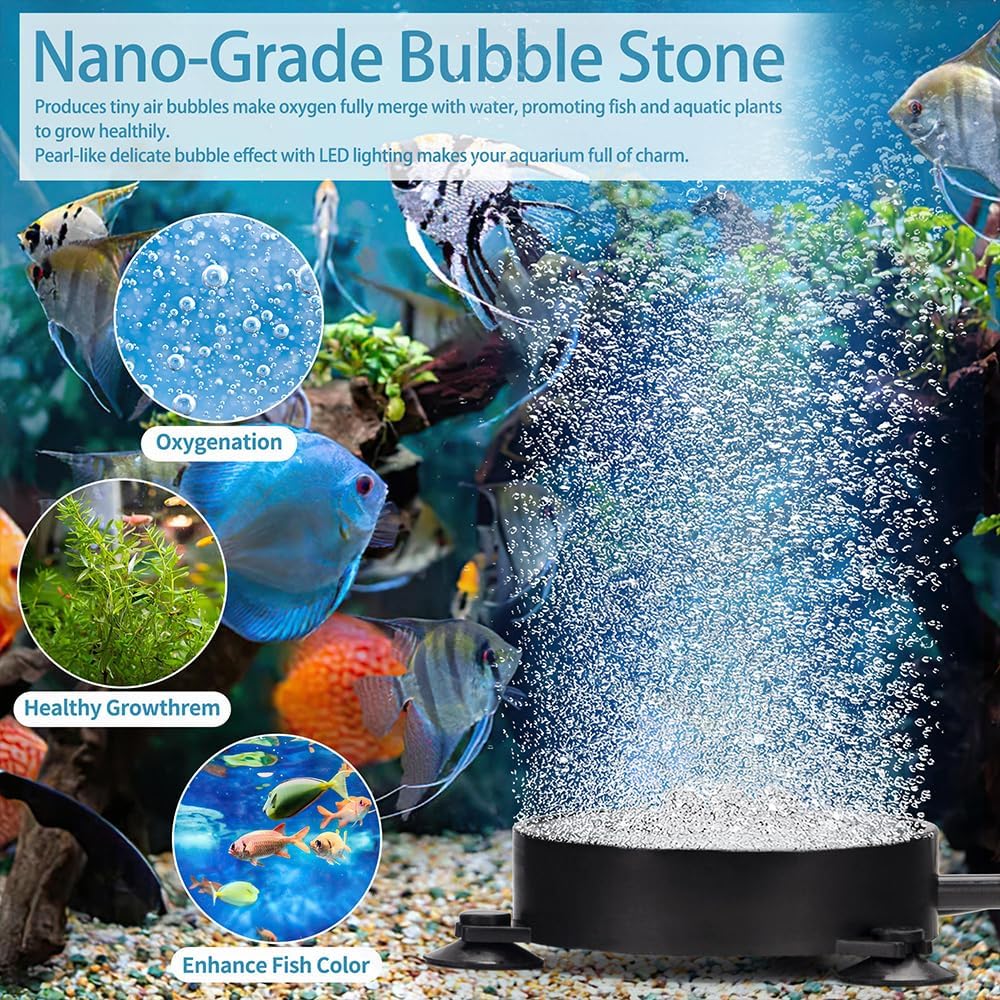 DaToo Aquarium LED Air Bubble Stone Disk Bubble Light 4 Inch with 6 Dazzle Color LEDs Fish Tank Oxygen Bubble LED Light Color Auto Changing with 3.5ft Air Tubing