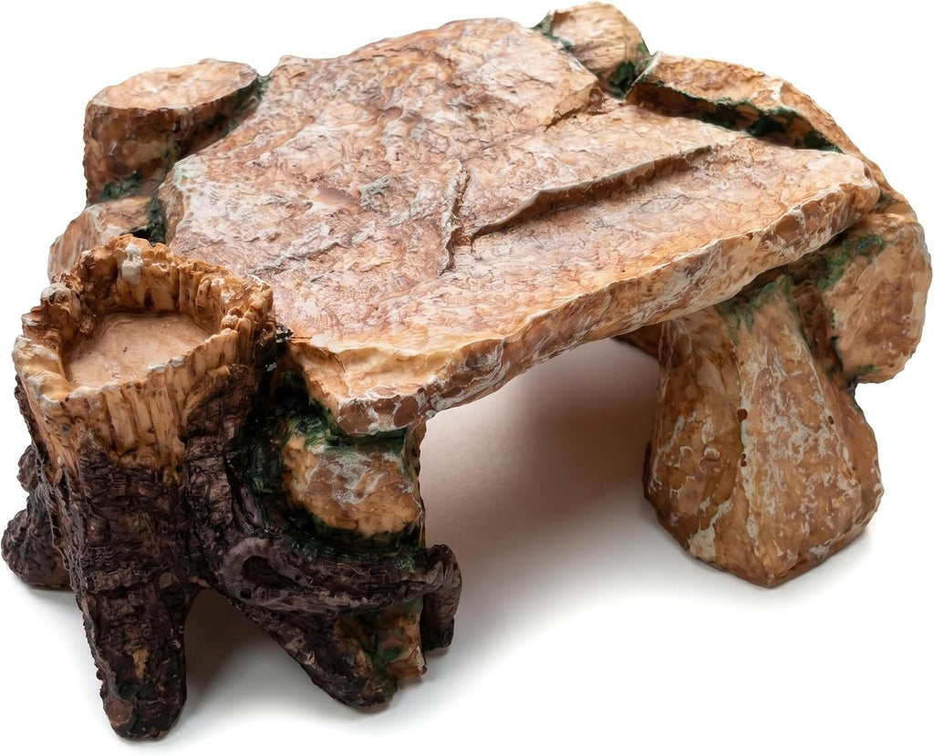 VELTHERM 3-in-1 Reptile Hide - Basking Platform, Feeding Dish, Resin Rock Cave for Bearded Dragon Ball Python Leopard Gecko, Desert/Tropical Decor, Submersible Aquarium & Turtle Tank