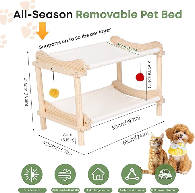 2-Layer Cat Hammock Bed, Breathable Washable Covers, Wooden Pet Furniture - Image 2