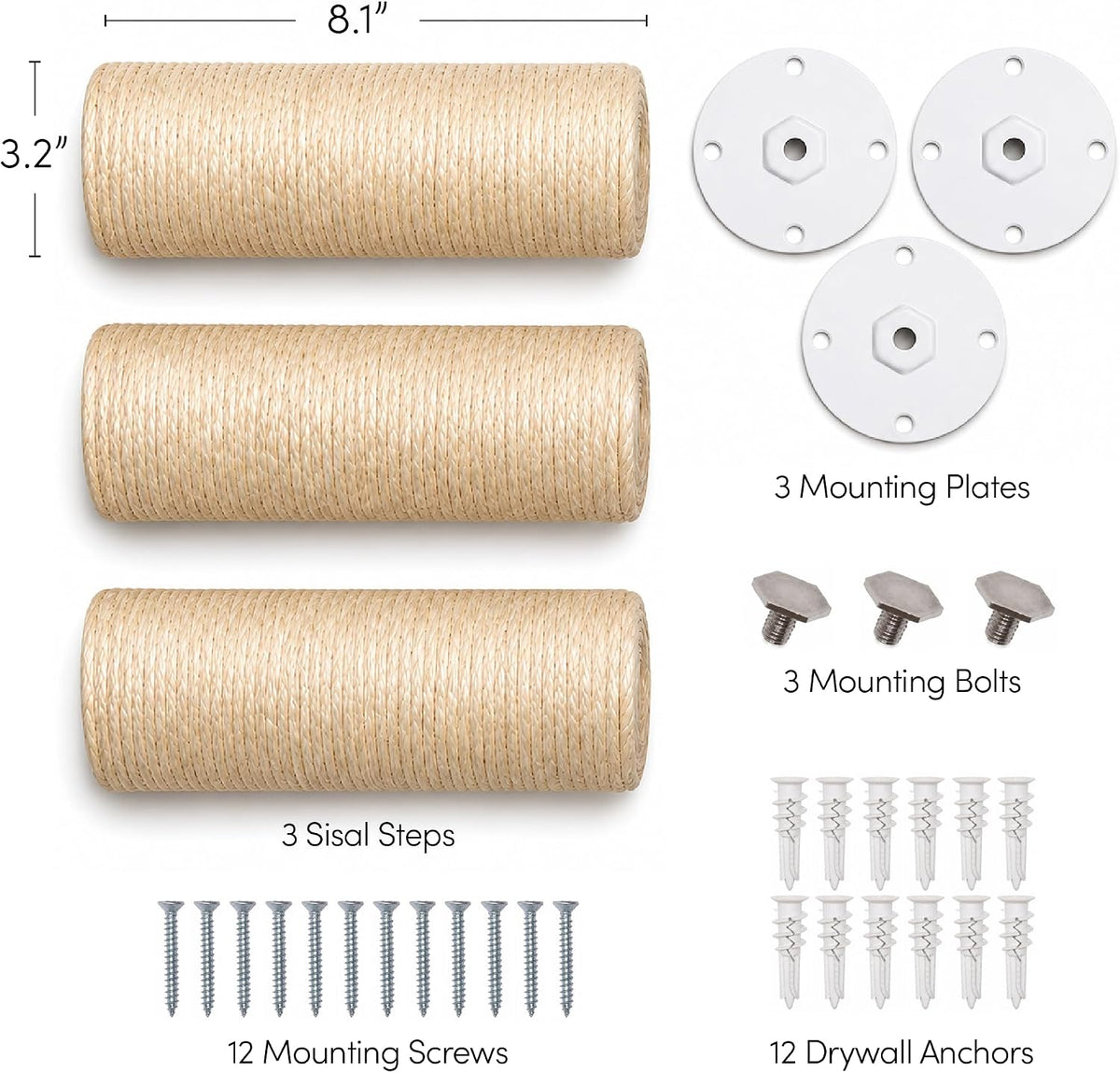 Wall-Mounted Cat Climbing Steps, Floating Sisal Scratching Posts, 8 Inch, 3 Pack, Easy Drywall Install