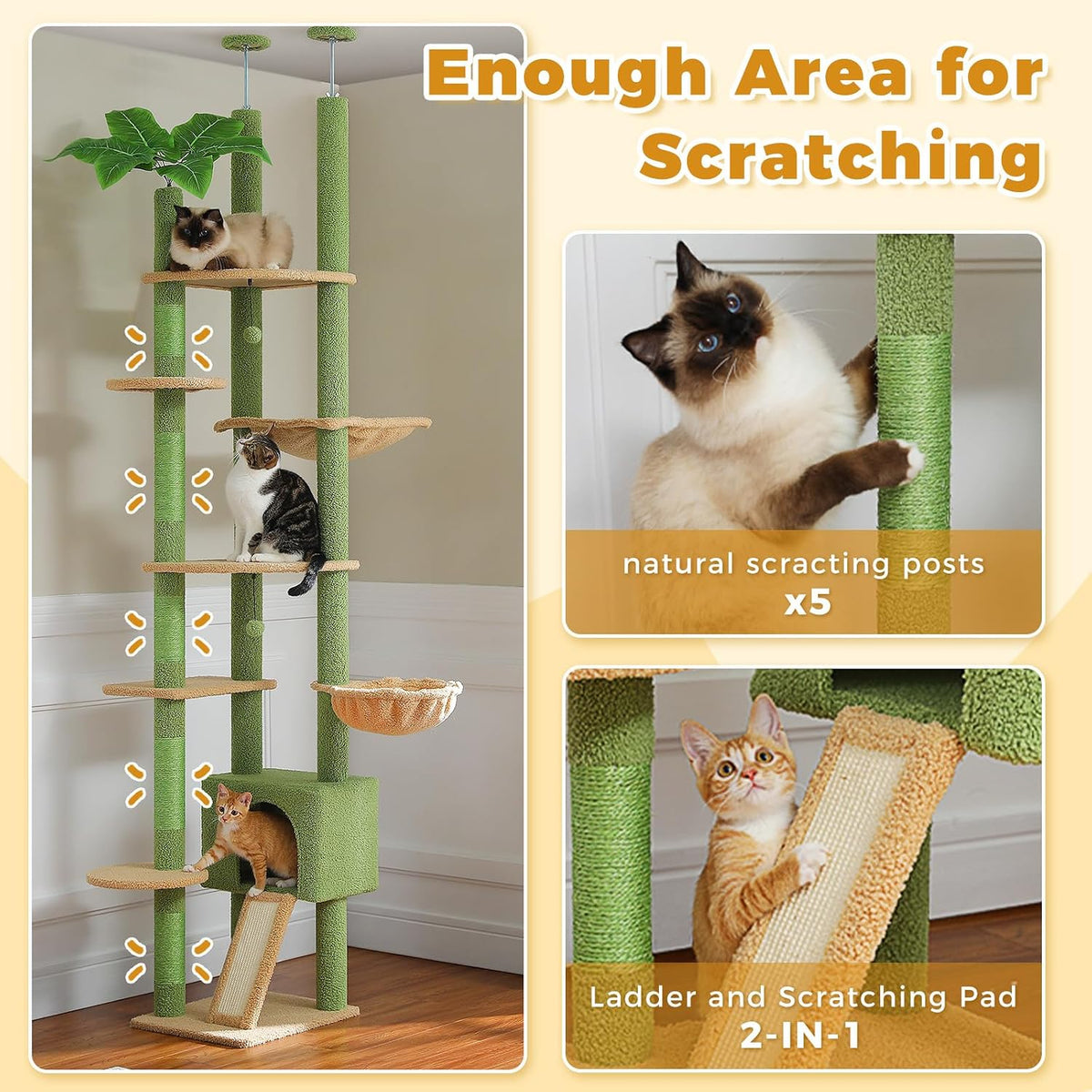 PEQULTI Floor to Ceiling Cat Tree, Height Adjustable 90.5-100.4'', Green