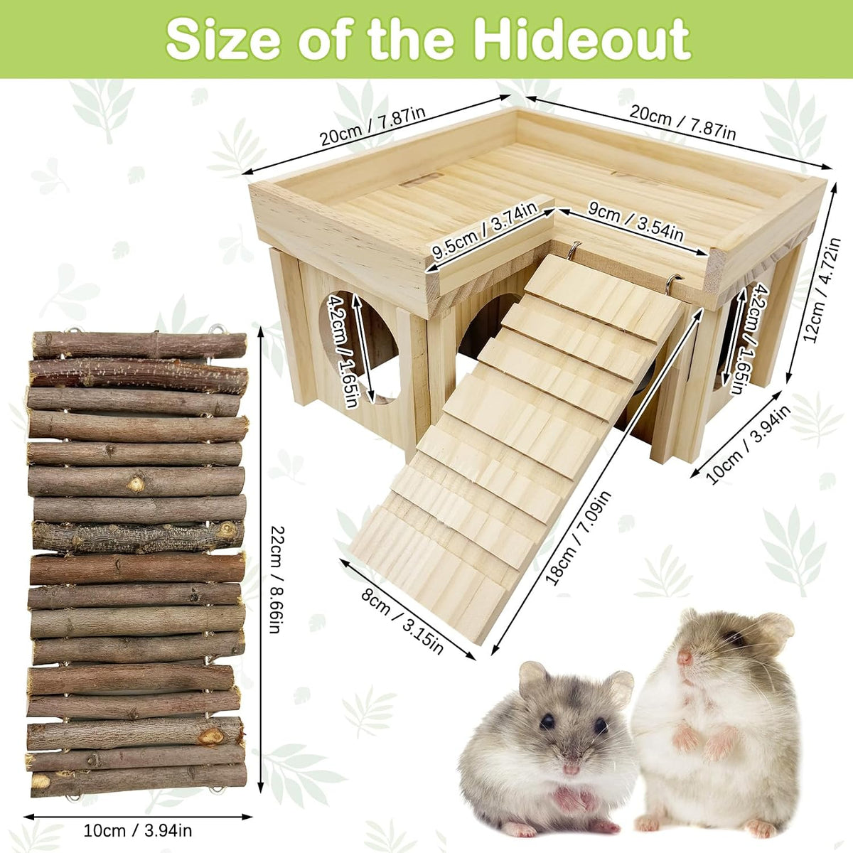 BNOSDM Wooden Hamster Hideout Set Multi Chamber Cage Accessories and Ladder