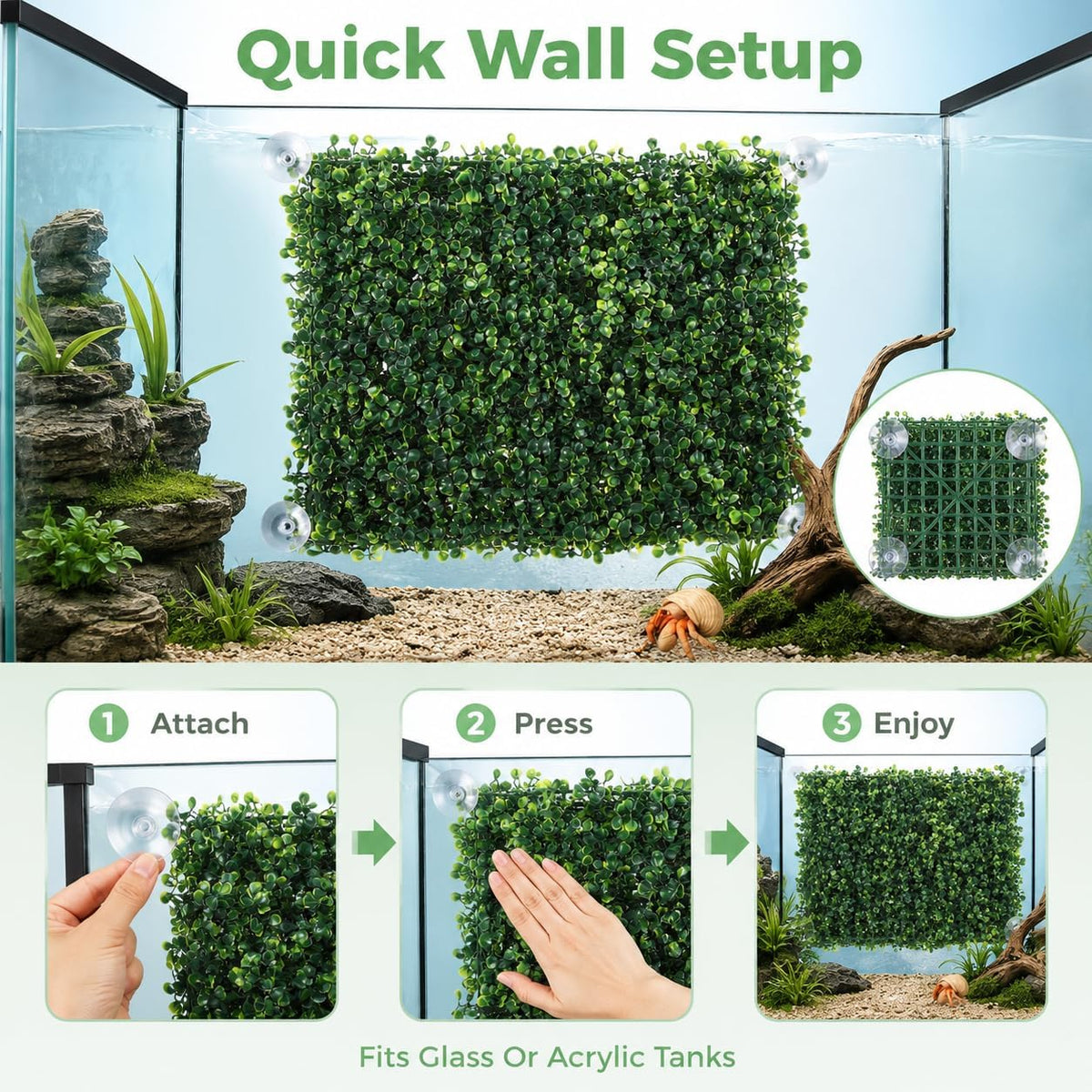 OMISTAR 3PCS Hermit Crab Climbing Wall Toys, 9.84 × 9.84 in Faux Grass Mat Aquarium Decor with Suction Cups, Plastic Reptile Climbing & Hide Plants for Gecko Lizard Turtle Betta