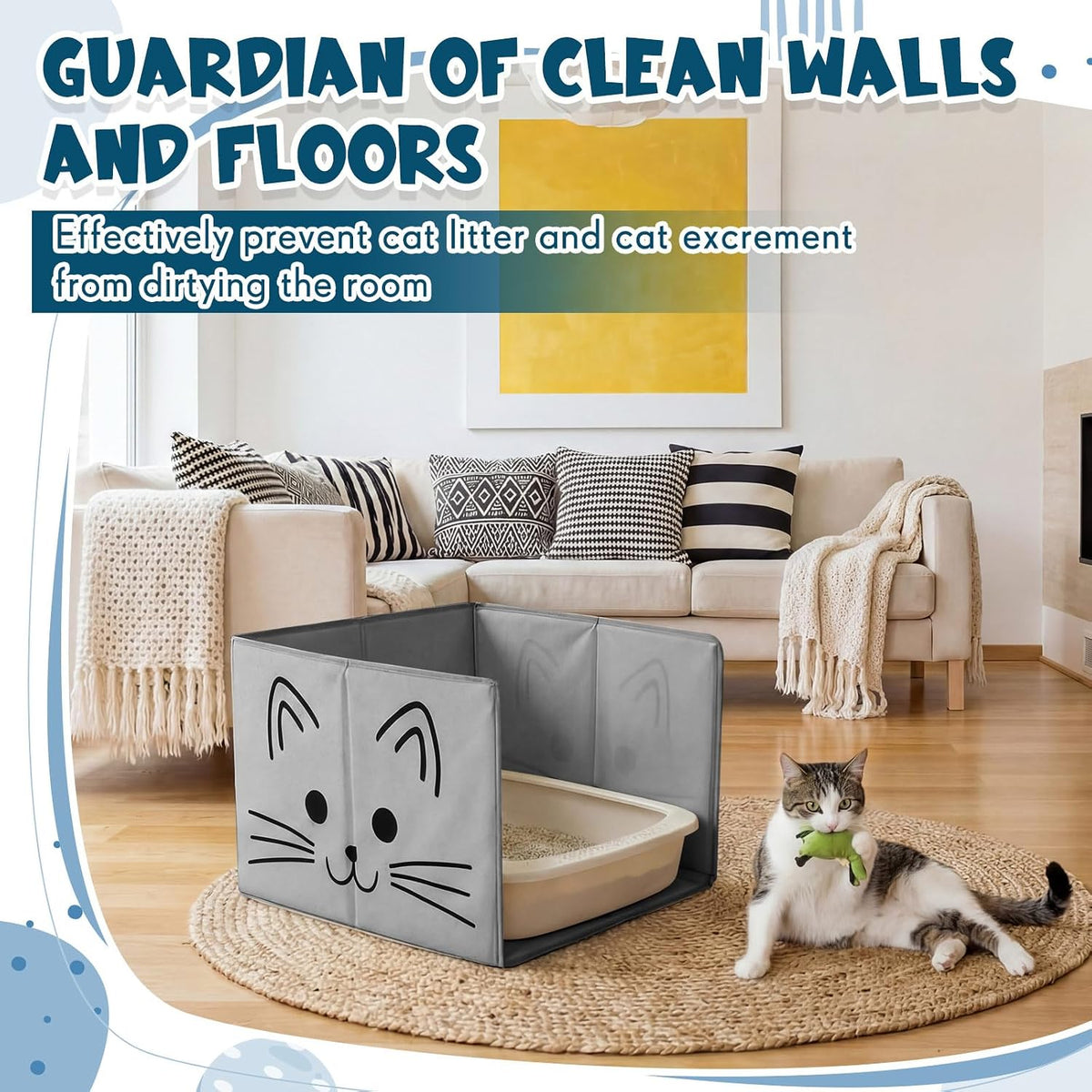 24"L×16.14"W×16.14"H Foldable Cat Litter Box Enclosure Splash Guard with Removable Mat, Cat-print Casing, Large High Sided for Litter Pan Water Resistant Easy Clean Anti-leakage Pee Shields