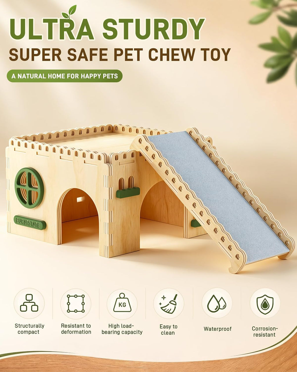 BUCATSTATE Natural Wood Hamster Hideout Castle, Easy-Assemble & Breathable