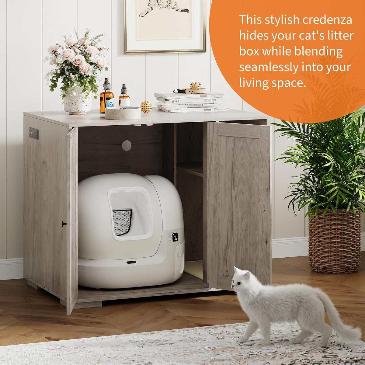 TrailBlaze Dog-Proof Large Cat Litter Box Enclosure with Power Outlet & Mark Pad – Hidden Cabinet for Self-Cleaning or Automatic Litter Boxes – Indoor Cat House Furniture – Gray