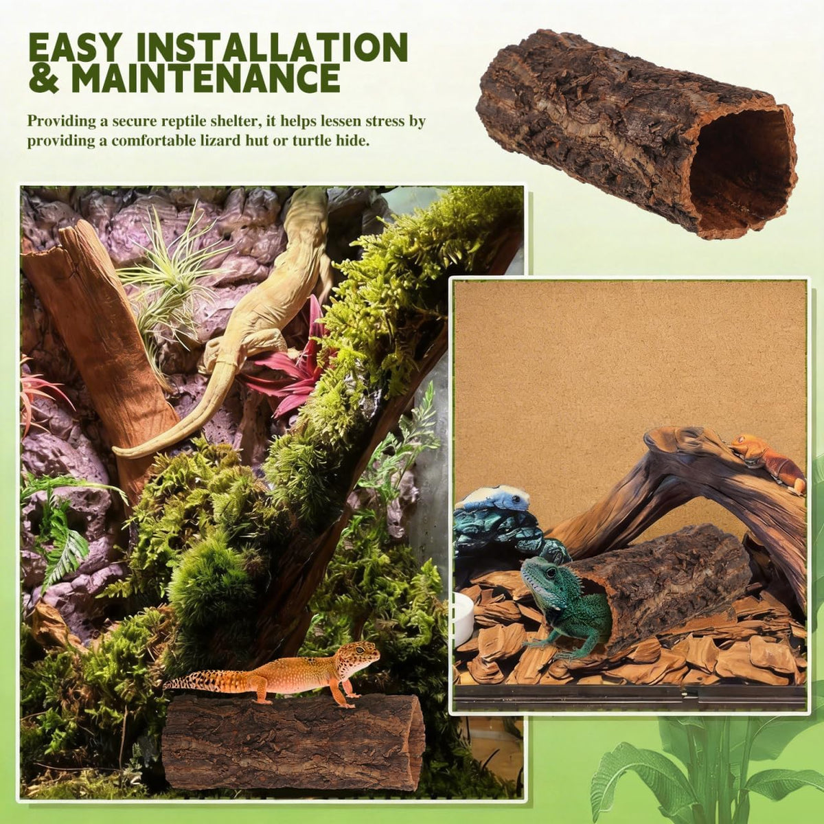 VOSAREA Reptile Hide Cave Hollow Tree Trunk Hideout for Gecko Lizard Tortoise Turtle Spider Hermit Crab Terrarium Decor for Habitat Shelter 8.07 X 3.14 X 3.14 in
