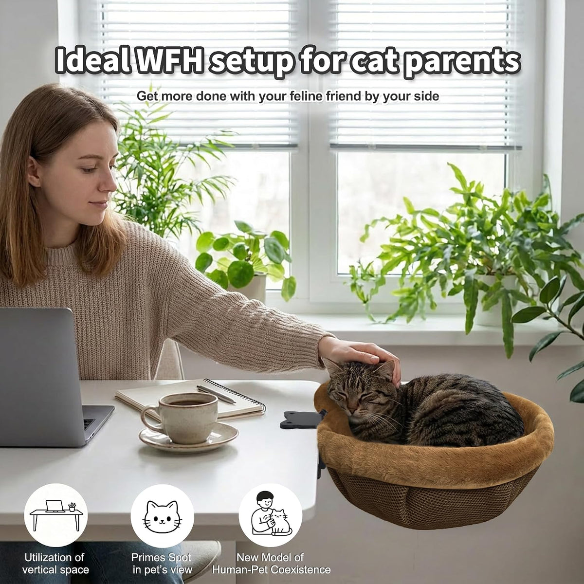 Desk Cat Bed, Hanging Under Desk Cat Hammock with Clip-On Mount, Soft Plush, Swivel Design