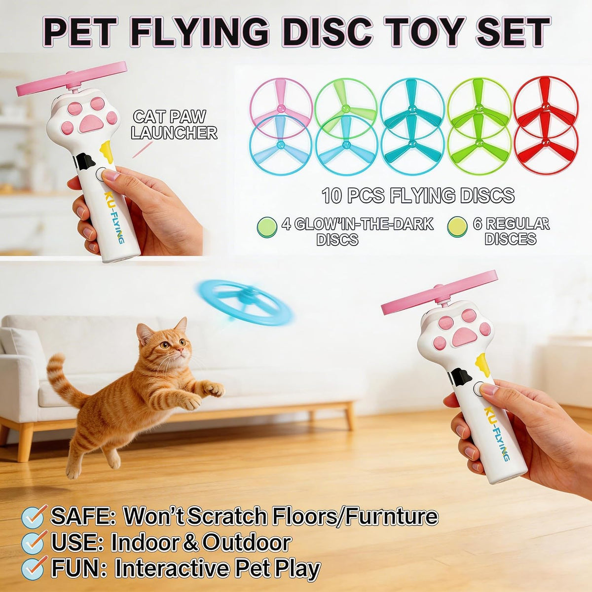 Cat Toy Disc Launcher,Rechargeable Interactive Cat Fetch Toy with 10 Discs