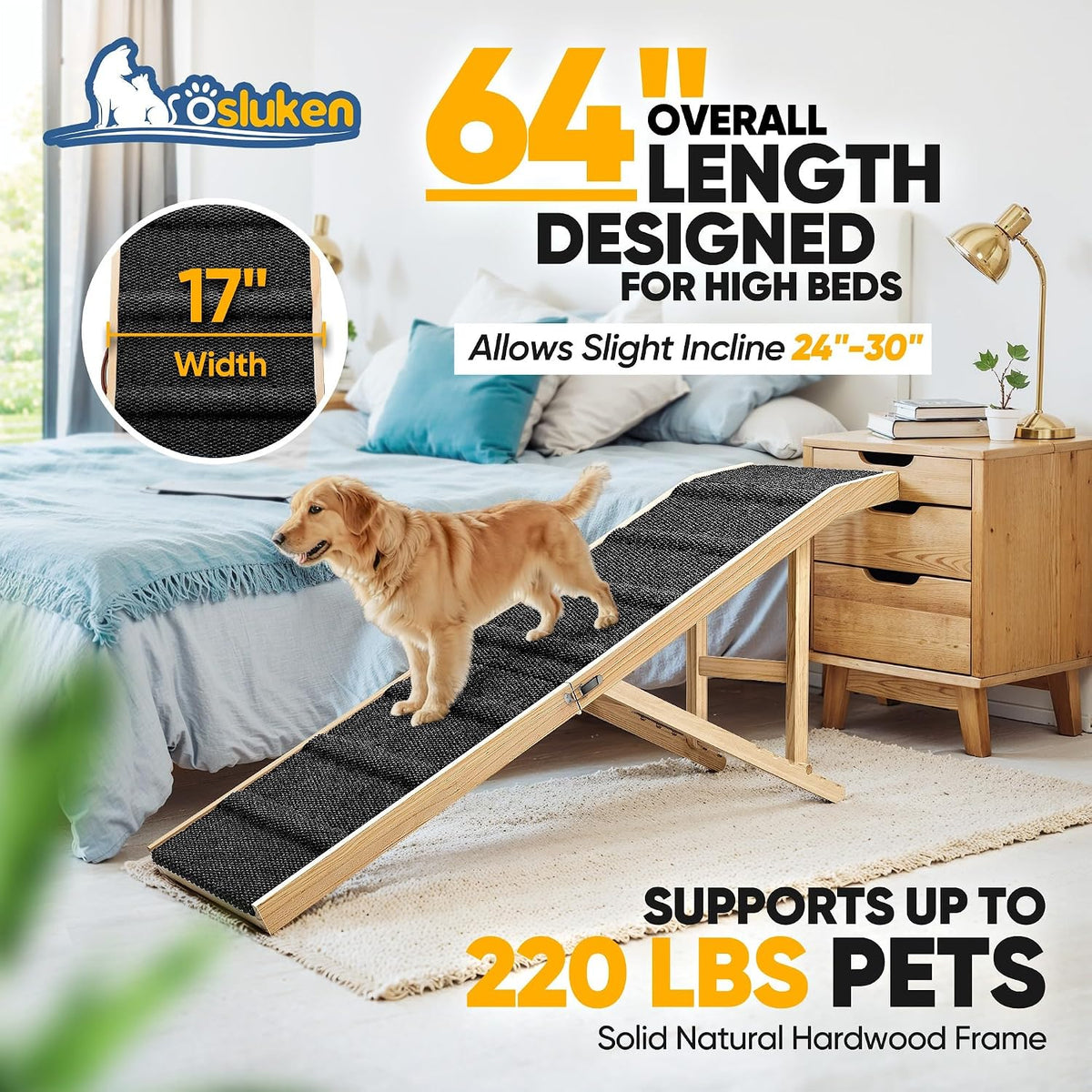 𝟐𝟎𝟐𝟔 𝐔𝐩𝐠𝐫𝐚𝐝𝐞𝐝 Dog Ramp for Bed, 64" Long Foldable Pet Ramp for Small Large Dogs, Dog Ramps for High Beds, High Traction with Platform 6 Adjustable Heights 24" to 30" Up to 220LBS Black