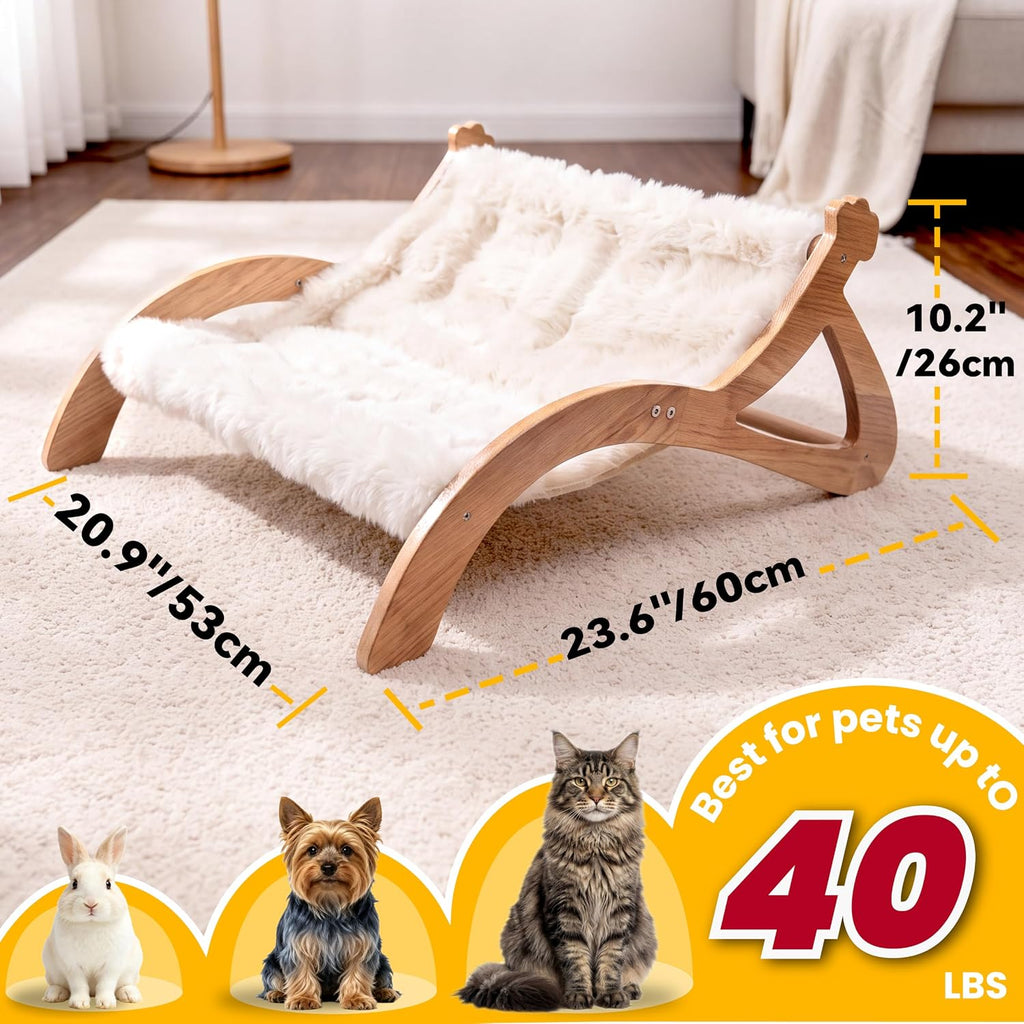 Elevated Cat Bed for Indoor Cats, Cute Paw-Shape Cat Hammock Couch with Cozy Washable Cushion, Solid Wood Pet Furniture for Kitty, Puppy & Bunny (Soft Cream)