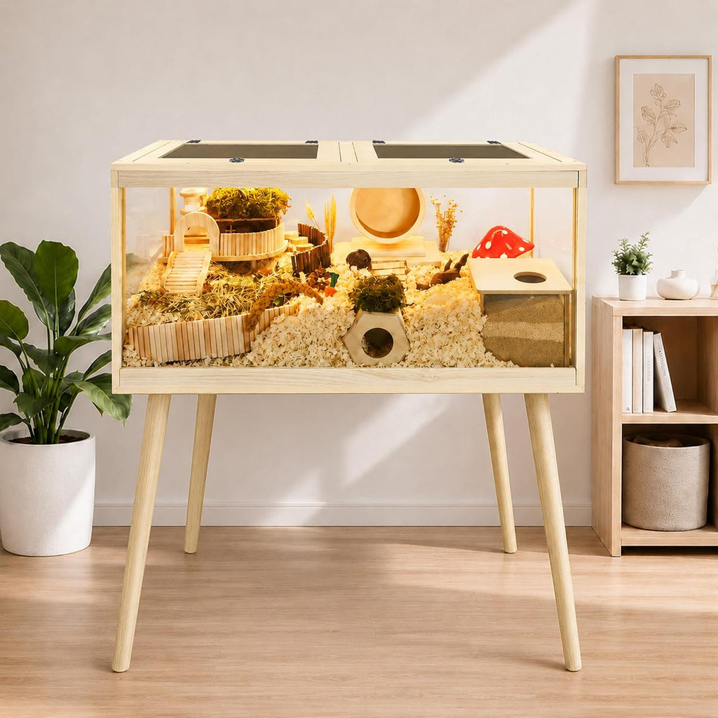 PROLEE Hamster Cage Chewproof, Mice and Rat Habitat with Transparent Sides, Hamster Cage with Openable Mesh Top, Solid Built with Lock Design and Leg Stand, 32" Long