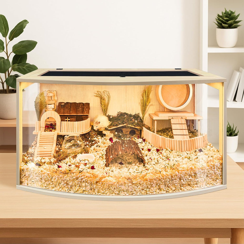 Prolee Hamster Cage Chew Proof Wood, Hamsters Enclosure Openable Top with Curved Design,Waterproof Small Animals Cage with Acrylic Sheets for Gerbils,Hamster Habitat(24 Inches)