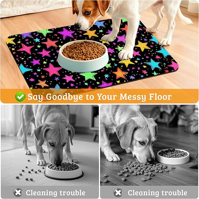Neon Stars Dog Food Mat, Bright Colorful Absorbent Pet Feeding Mat - Image 4
