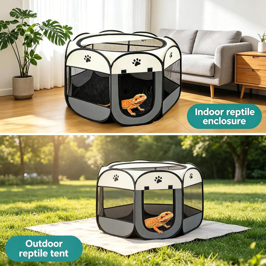 Bearded Dragon Playpen, Foldable Portable Reptile Exercise Pen with Breathable Mesh Top, Indoor Outdoor Small Animal Cage Habitat for Lizard, Bearded Dragon, Hamster, Guinea Pig, Puppy Kitten