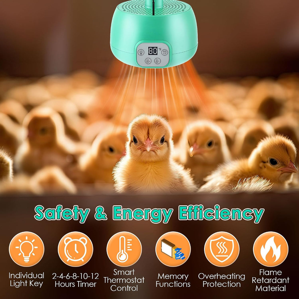1 Pack Chicken Coop Heater with Remote Control, Timing Chicken Heat Lamp, Smart Temperature Control Chick Brooder Heater, 5 ft Ultra Long Cable Reptile Heating Lamp for Chicks Duck Dog Pet
