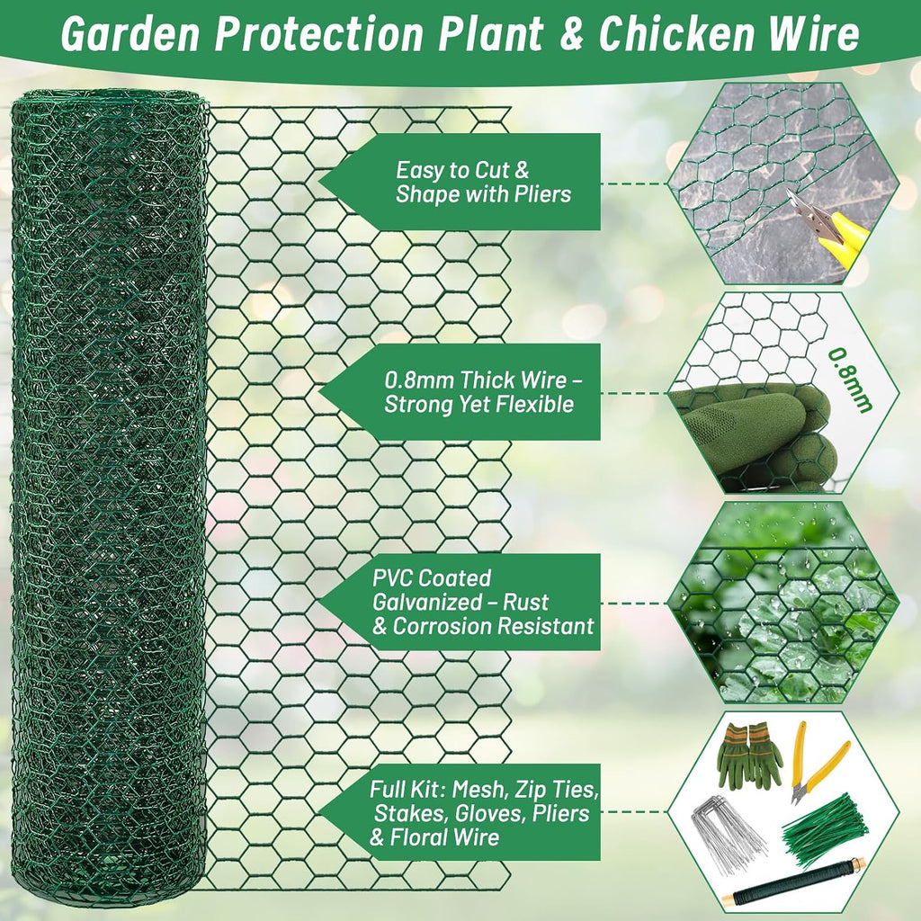 Convivium Plant Protectors from Animals, 0.8mm Free-Cut Green Chicken Wire Mesh, PVC Coated Tree Trunk Guard & Garden Fence for Outdoor Plants with Zip Ties, Stakes, Pliers, Gloves（16.4Ft*16In）