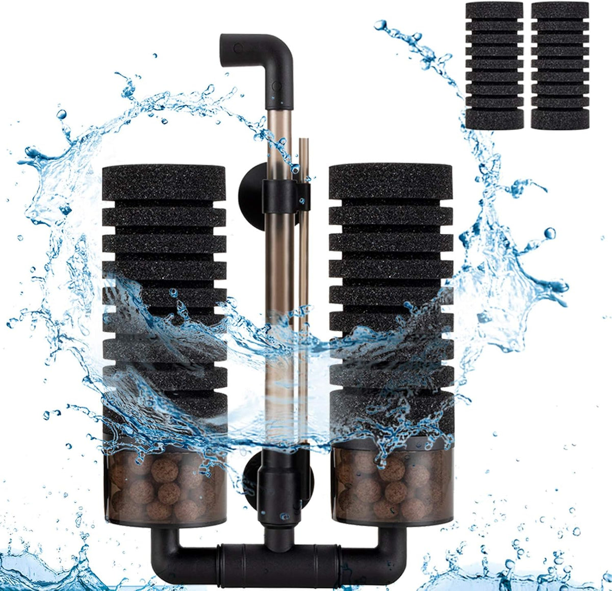 hygger Sponge Filter, Aquarium Filter Double Sponge Replaceable Media with 4 Biochemical Sponges and 1 Bag of Filtered Ceramic Balls Ultra Quiet Filter Fish Tank (S/M) (M for 15 to 55 Gallon Tank)