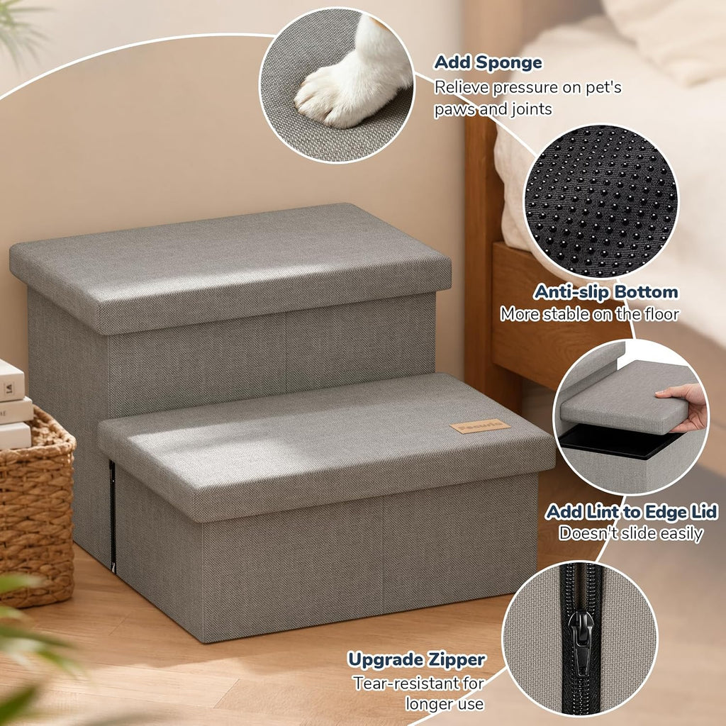 2-Step Wide Dog Stairs with Storage 11" H, Non-Slip Sturdy Pet Steps for Couch Chair, Dog Steps for Small/Medium Old Dogs, Cats, Rabbits Up to 150lbs, Foldable Cat Puppy Stairs for Car, Grey