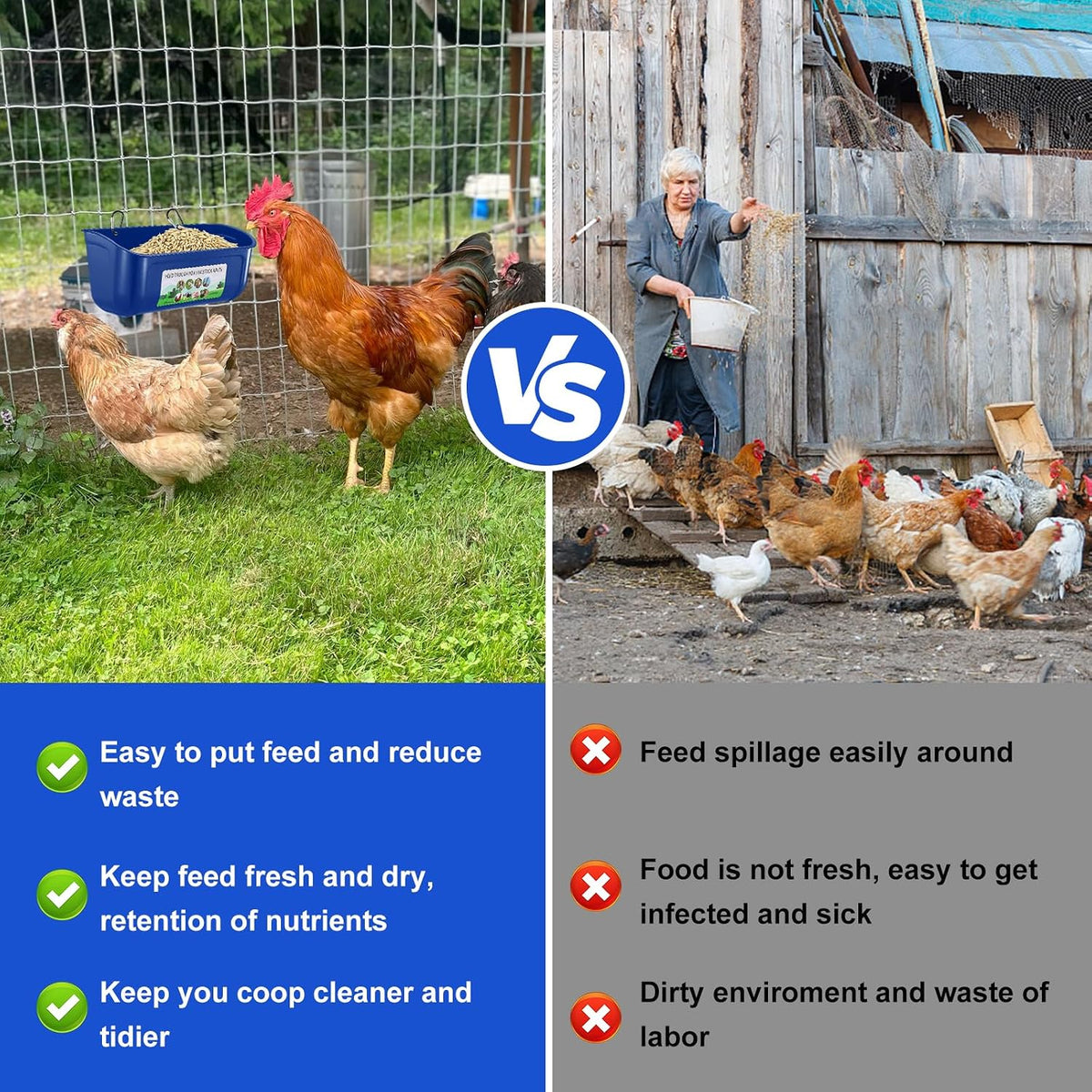 Chicken Feeder Waterer, 3 Pack Duck Feeder Supplies, Hanging Fence Feed Trough with Clips for Goat, Sheeple, Piglet, Gooses, Turkeys, Dog Livestock Poultry, Blue
