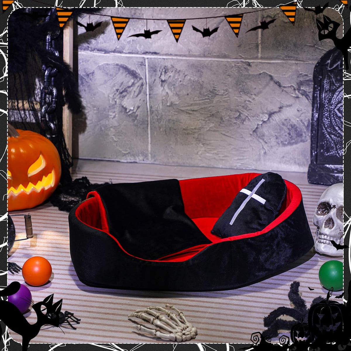 3 Pcs Gothic Coffin Cat Bed Set 19" Red Black Cat Bed Washable