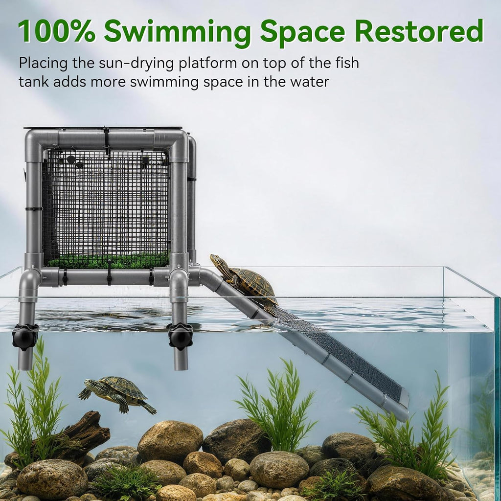 Large Turtle Topper Basking Platform Above Tank - PVC Turtle Dock with Ramp for Glass Turtle Tank Turnover Box Tank Adjustable 13.2 to 16.1 Inches Resting Area