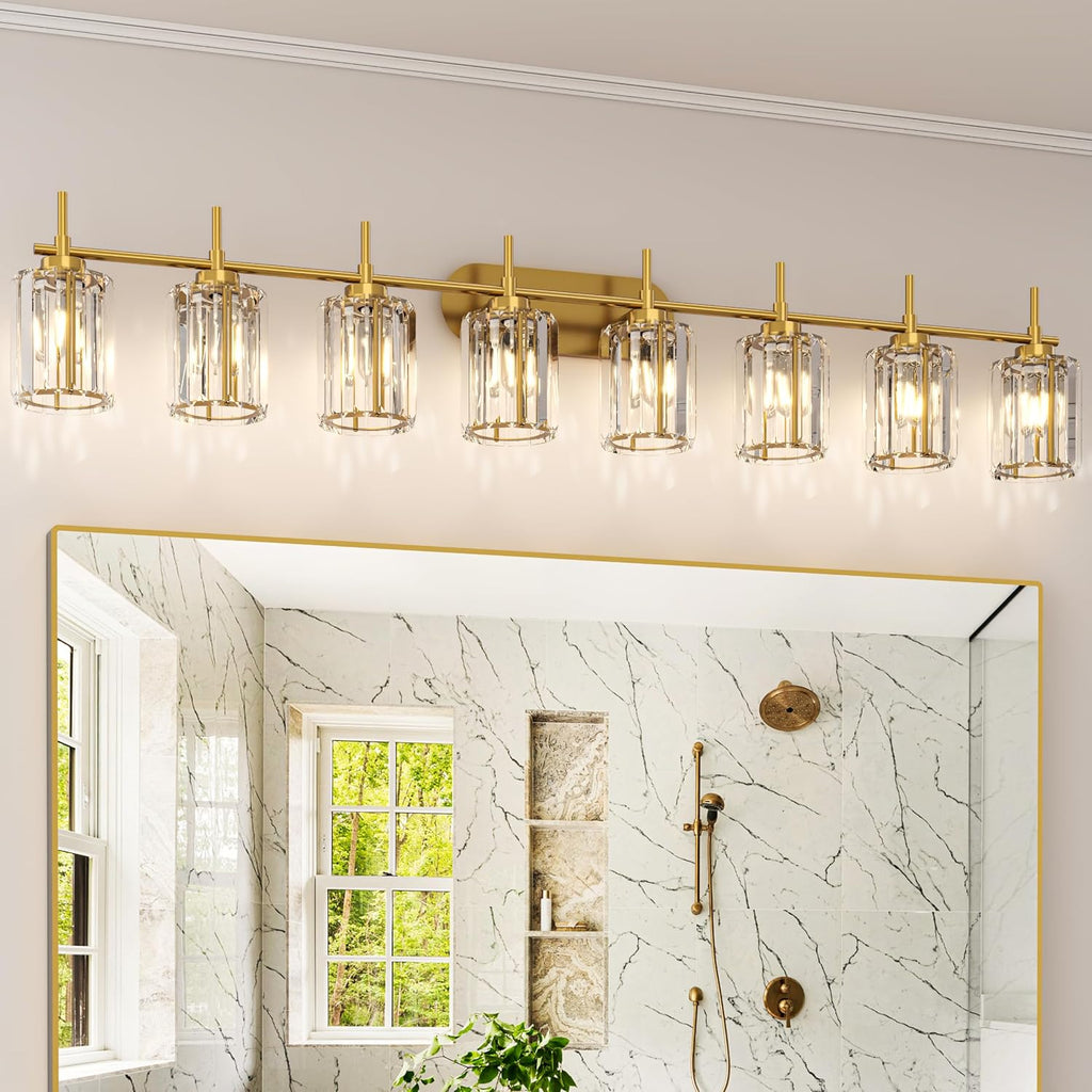Hasipu 8-Light Brushed Gold Vanity Light Fixtures with Clear Crystal Shade