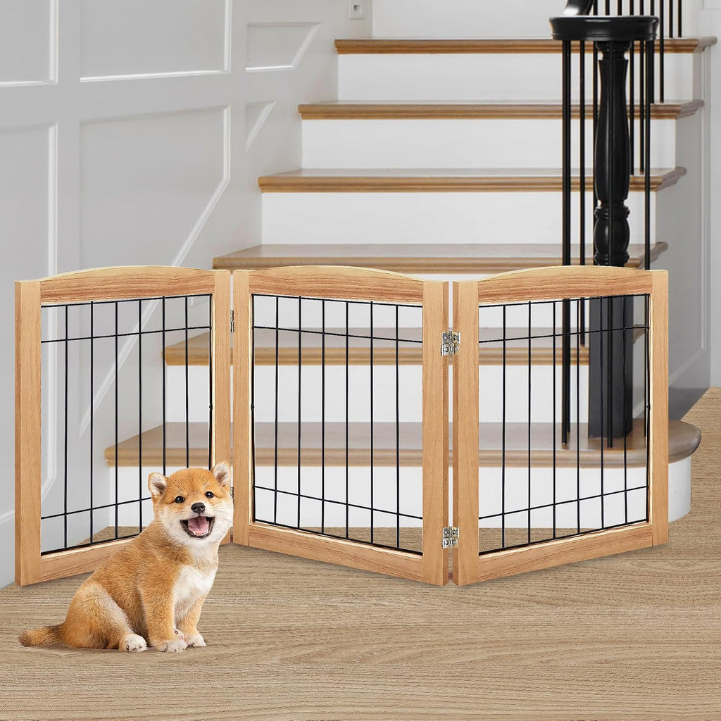 LZRS 2-Panel Freestanding Foldable Wood Dog Gate – Solid Wood & Steel Wire, Chew-Resistant Pet Barrier for Indoor Use, Ideal for Small to Medium Dogs, White