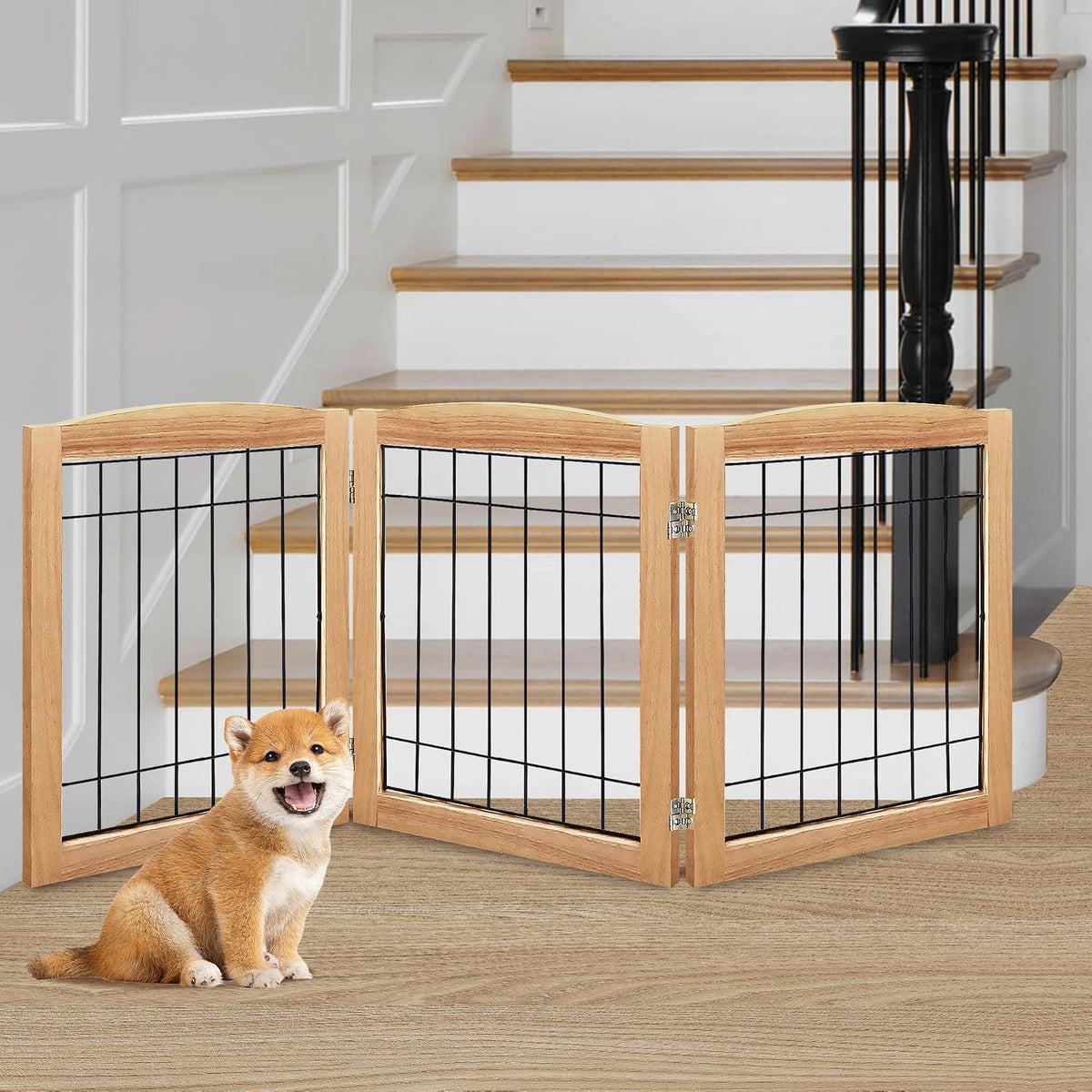 LZRS 2-Panel Freestanding Foldable Wood Dog Gate – Solid Wood & Steel Wire, Chew-Resistant Pet Barrier for Indoor Use, Ideal for Small to Medium Dogs, White