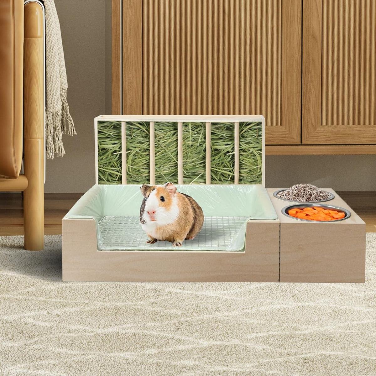 3-in-1 Steel Grids Rabbit Litter Box with Hay Feeder & Waste Collection – Bunny Toilet Training Kit, Large Plastic Potty for Rabbits, Guinea Pigs, Small Animals – Easy Clean, Durable, Odor Control